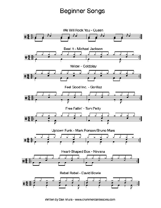 Beginner songs - 8 to start with (free PDF) :: drummerdanlessons